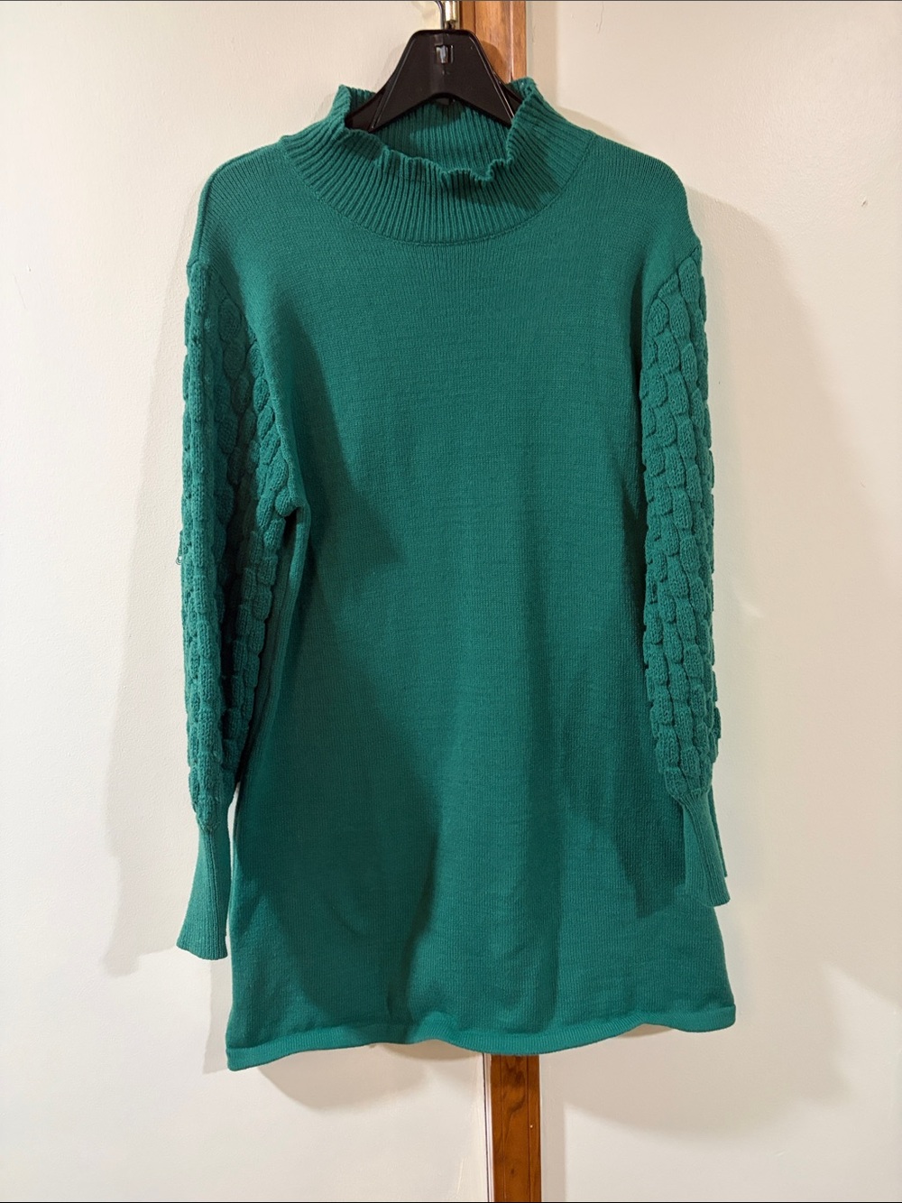 Green Cable-Sleeve Mock Neck Women's Sweater